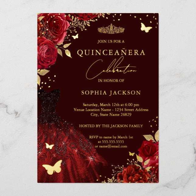 Red Gold Dress Floral Butterfly Quinceanera  (Front)