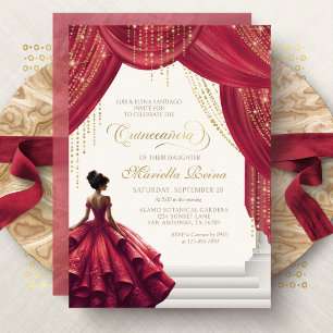 Red Gold Dress Modern Quinceanera Invitation
