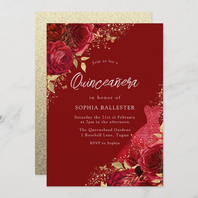 Red & Gold Dress & Roses Quinceanera Party Invitation (Front/Back)
