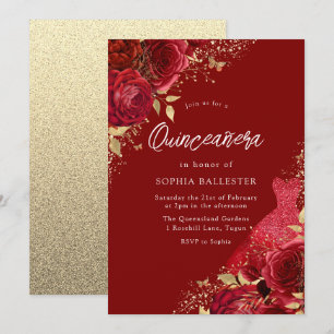 Red & Gold Dress & Roses Quinceanera Party Invitation