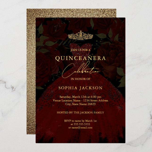 Red Gold Dress Tiara Quinceanera Foil Invitation (Front/Back)