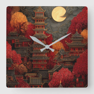 Red & Gold East Asian Pagoda Moonlit Landscape  Square Wall Clock