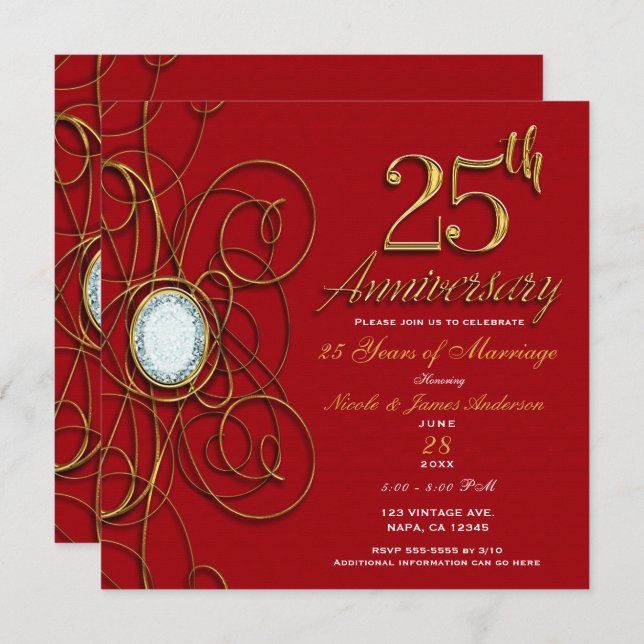 Red & Gold Elegant Diamond 25 25th Anniversary Invitation (Front/Back)