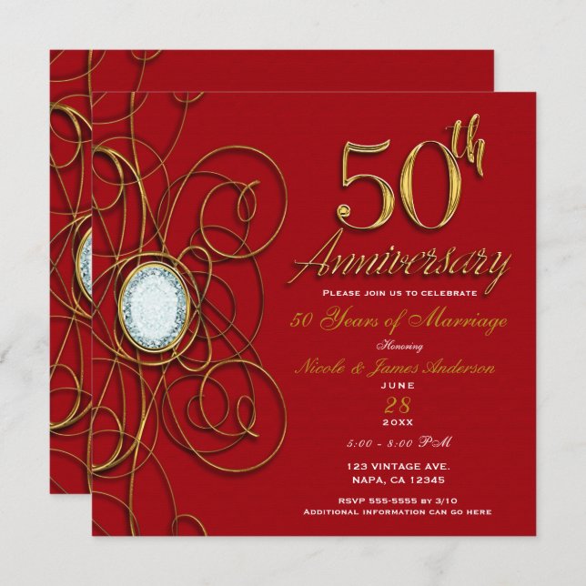 Red & Gold Elegant Diamond 50 50th Anniversary Invitation (Front/Back)