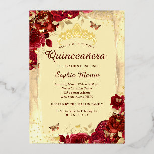 Red Gold Elegant Floral Butterfly Quinceanera