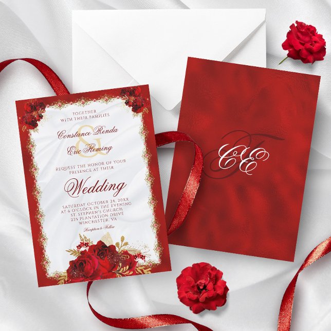 Red Gold Elegant Monogram Roses Formal Wedding Invitation (Creator Uploaded)