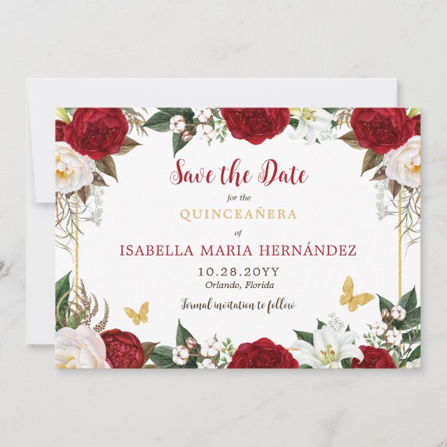 Red & Gold Elegant Quinceañera Save The Date (Front)