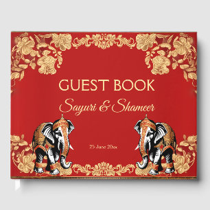 Red gold elephants Indian wedding personalized Guest Book