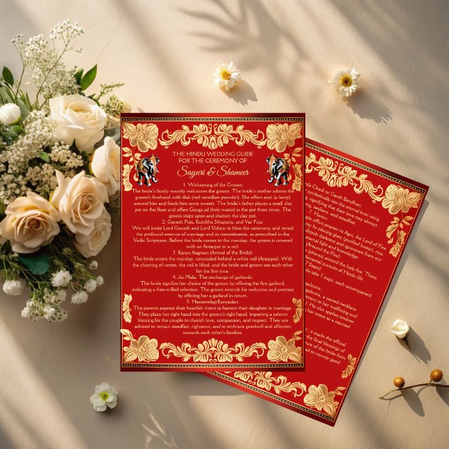Red gold elephants Indian wedding rituals program (Red gold elephants Indian wedding rituals program editable template instant download)