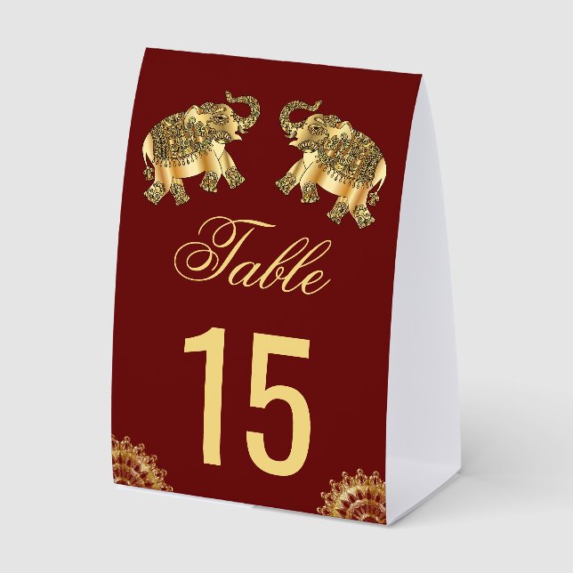Red Gold Elephants Indian Wedding Table Number (Front)