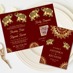 Red Gold Ethnic Elephants Indian QR Code Wedding Invitation