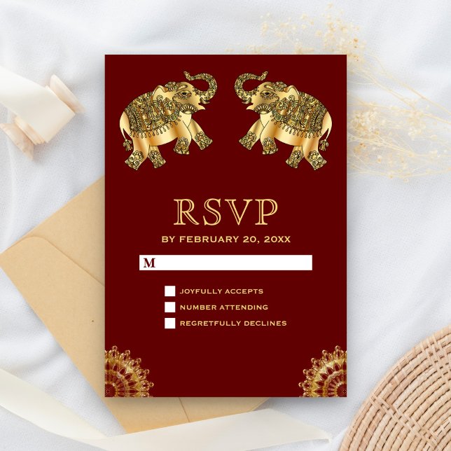 Red Gold Ethnic Elephants Indian RSVP Card (Creator Uploaded)