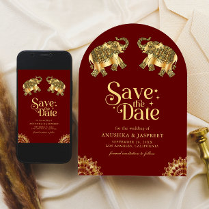 Red Gold Ethnic Elephants Indian Wedding Save The Date