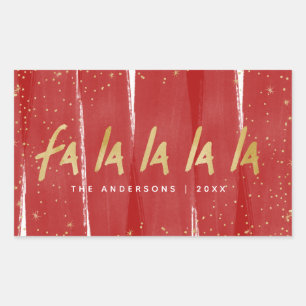 Red & Gold Fa La La La La Snowy Christmas Holiday Rectangular Sticker