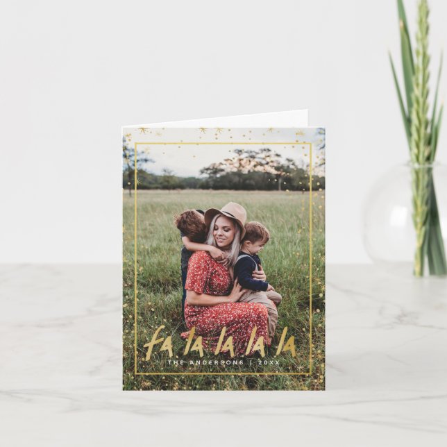 Red & Gold Fa La La La La Snowy Holiday Christmas Card (Front)