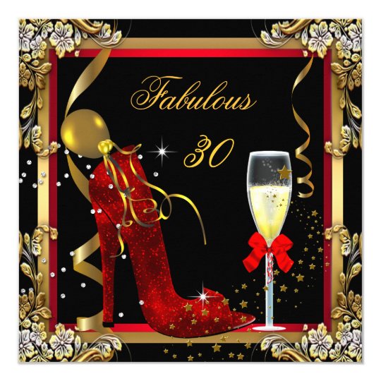 Red Gold Fabulous 30 Birthday Party Card