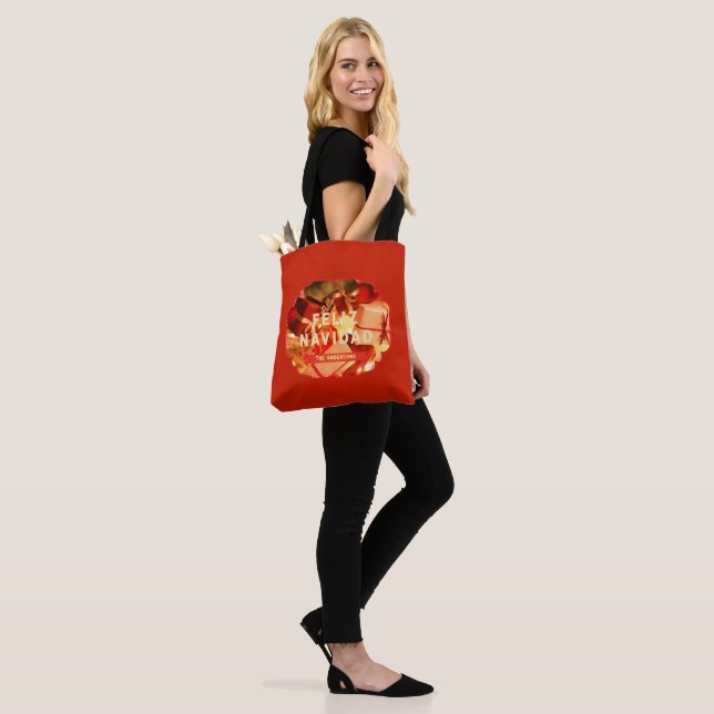 Red Gold Family Feliz Navidad Modern Christmas Tote Bag (On Model)
