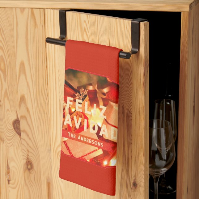 Red Gold Family Name Elegant Spanish Christmas Tea Towel (Thirds Fold)