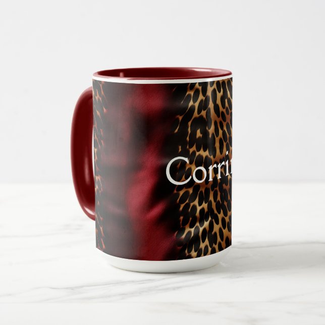 Red Gold Faux Cowgirl Southwest Cowhide Name Mug (Front Left)