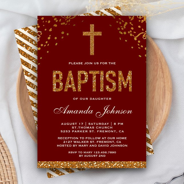 Red Gold Faux Glitter Cross Royal Baptism Invitation (Creator Uploaded)