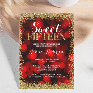 Red Gold Faux Glitter Lights Sweet 15 Quinceanera Invitation