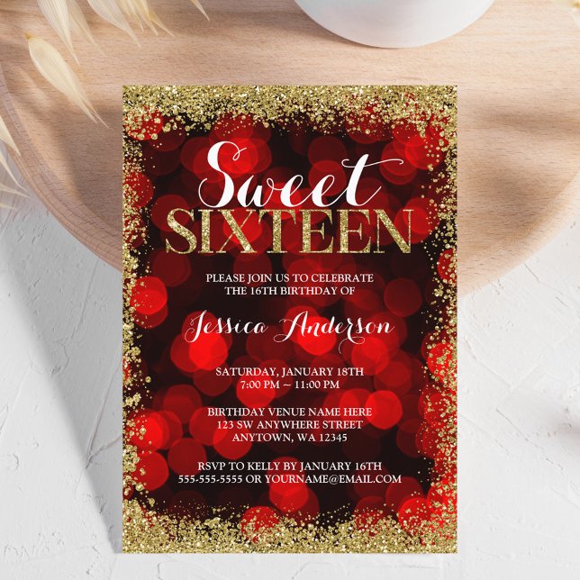 Red Gold Faux Glitter Lights Sweet 16 Birthday Invitation (Creator Uploaded)