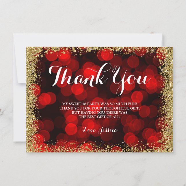 Red Gold Faux Glitter Lights Sweet 16 Thank You Card (Front)