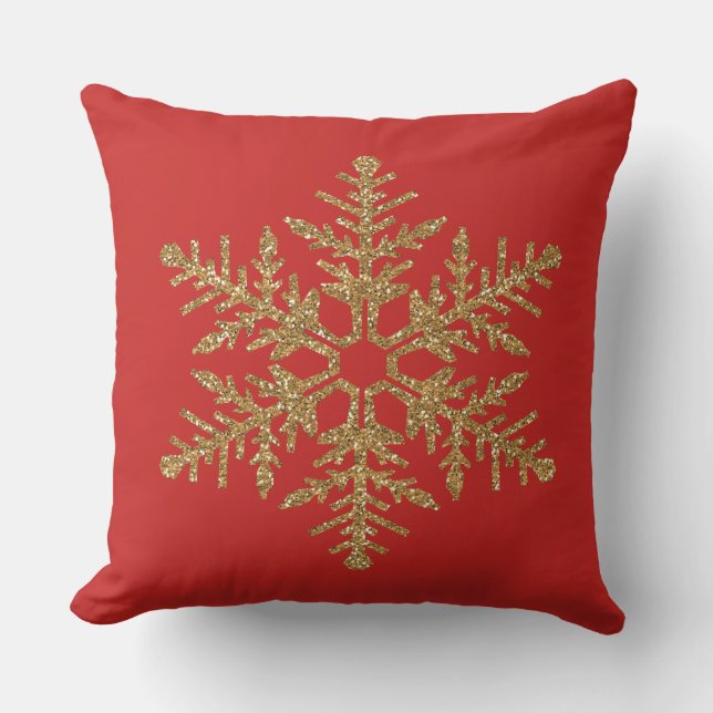 Red Gold Faux Glitter Snowflake Cushion (Front)