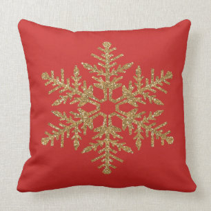 Red Gold Faux Glitter Snowflake Cushion