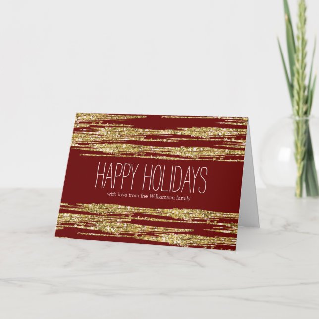 Red Gold Faux Glitter Stripes Christmas Holiday Card (Front)
