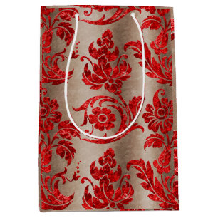 Red Gold Faux Velvet Damask Elegant Medium Gift Bag