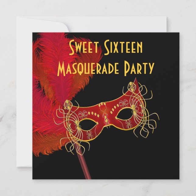 Red Gold Feather Mask Sweet 16 Masquerade Party Invitation (Front)