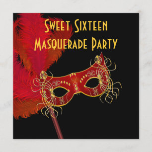 Red Gold Feather Mask Sweet 16 Masquerade Party Invitation