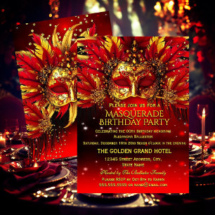 Red Gold Feathered Masks Masquerade Birthday Party Invitation