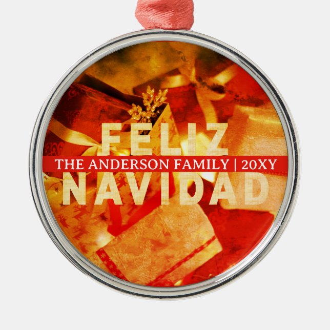 Red Gold Feliz Navidad Modern Elegant Christmas Metal Ornament (Front)