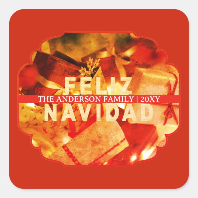  Red Gold Feliz Navidad Modern Merry Christmas Square Sticker (Front)