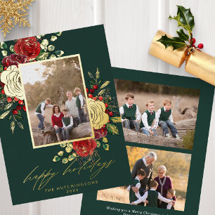 Red & Gold Festive Florals 3 Photo Modern Foil Holiday Card