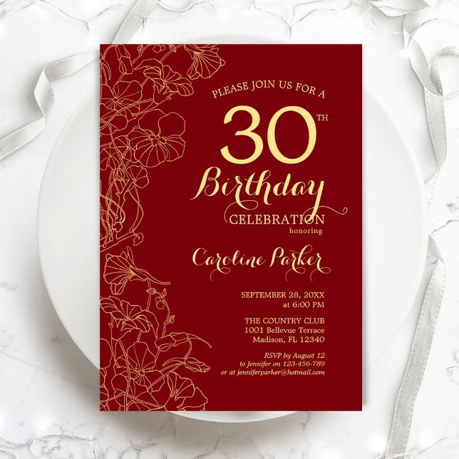 Red Gold Floral 30th Birthday Party Invitation (Creator Uploaded)