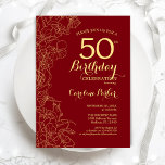 Red Gold Floral 50th Birthday Party Invitation<br><div class="desc">Red Gold Floral 50th Birthday Party Invitation. Minimalist modern design featuring botanical outline drawings accents,  faux gold foil and typography script font. Simple trendy invite card perfect for a stylish female bday celebration. Can be customised to any age. Printed Zazzle invitations or instant download digital printable template.</div>