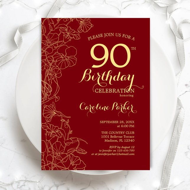 Red Gold Floral 90th Birthday Party Invitation (Creator Uploaded)