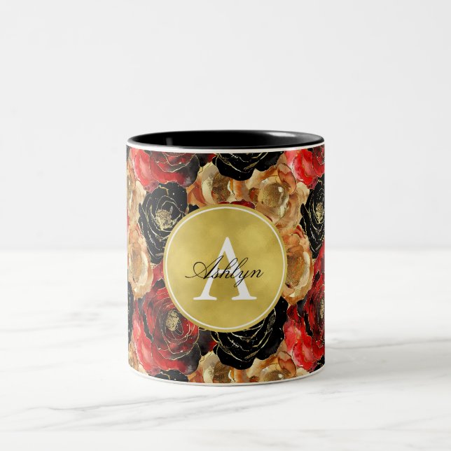 Red Gold Floral Abstract Monogram Two-Tone Coffee Mug (Center)