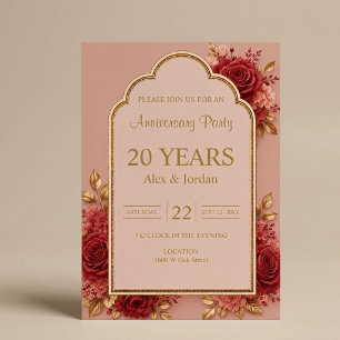 Red & Gold Floral Anniversary Party Invitation