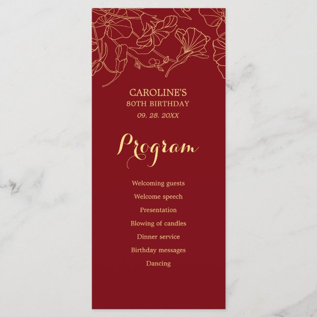 Red Gold Floral Birthday Program (Front)