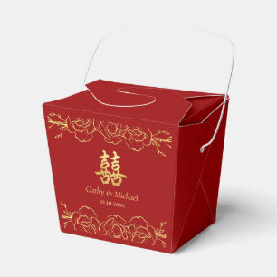 Red gold floral border chinese wedding double xi favour box