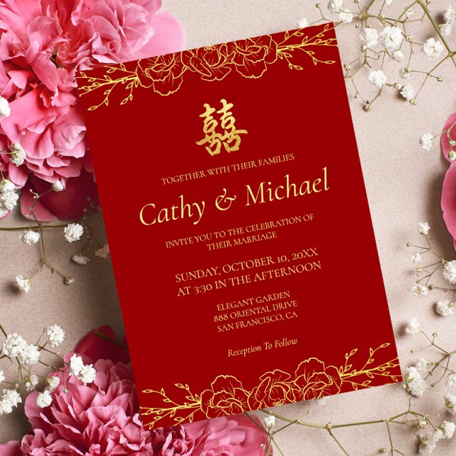 Red gold floral border Chinese wedding double xi Invitation (Traditional Chinese wedding invitation red gold double happiness invite floral)