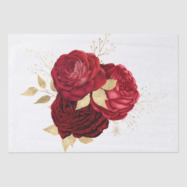 Red Gold Floral Bouquet Watercolor Decoupage Tissue Paper (Front)