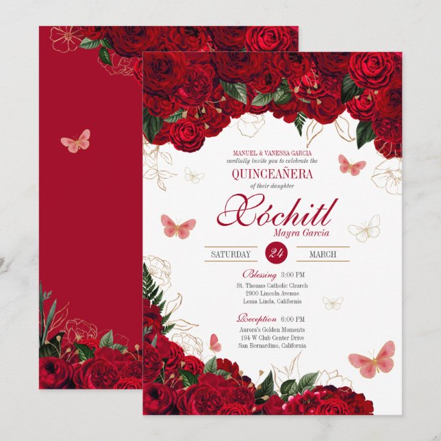 Red & Gold Floral Butterfly Elegant Quinceanera Invitation (Front/Back)