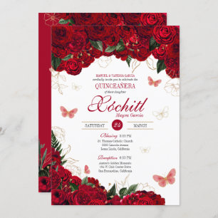 Red & Gold Floral Butterfly Elegant Quinceanera Invitation
