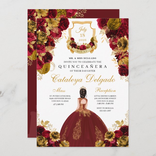Red & Gold Floral Elegant Quinceañera Invitation (Front/Back)