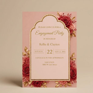 Red & Gold Floral Engagement Party Invitation